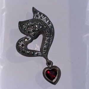 925 Sterling Silver, Marcasite with a dangling garnet heart